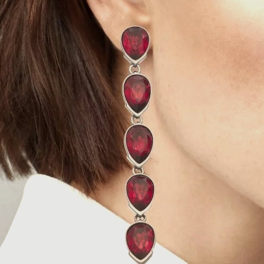 VERA WANG Rocker Chic Gunmetal/Garnet Red Crystal Drop Earrings**NEW! - Picture 1 of 5